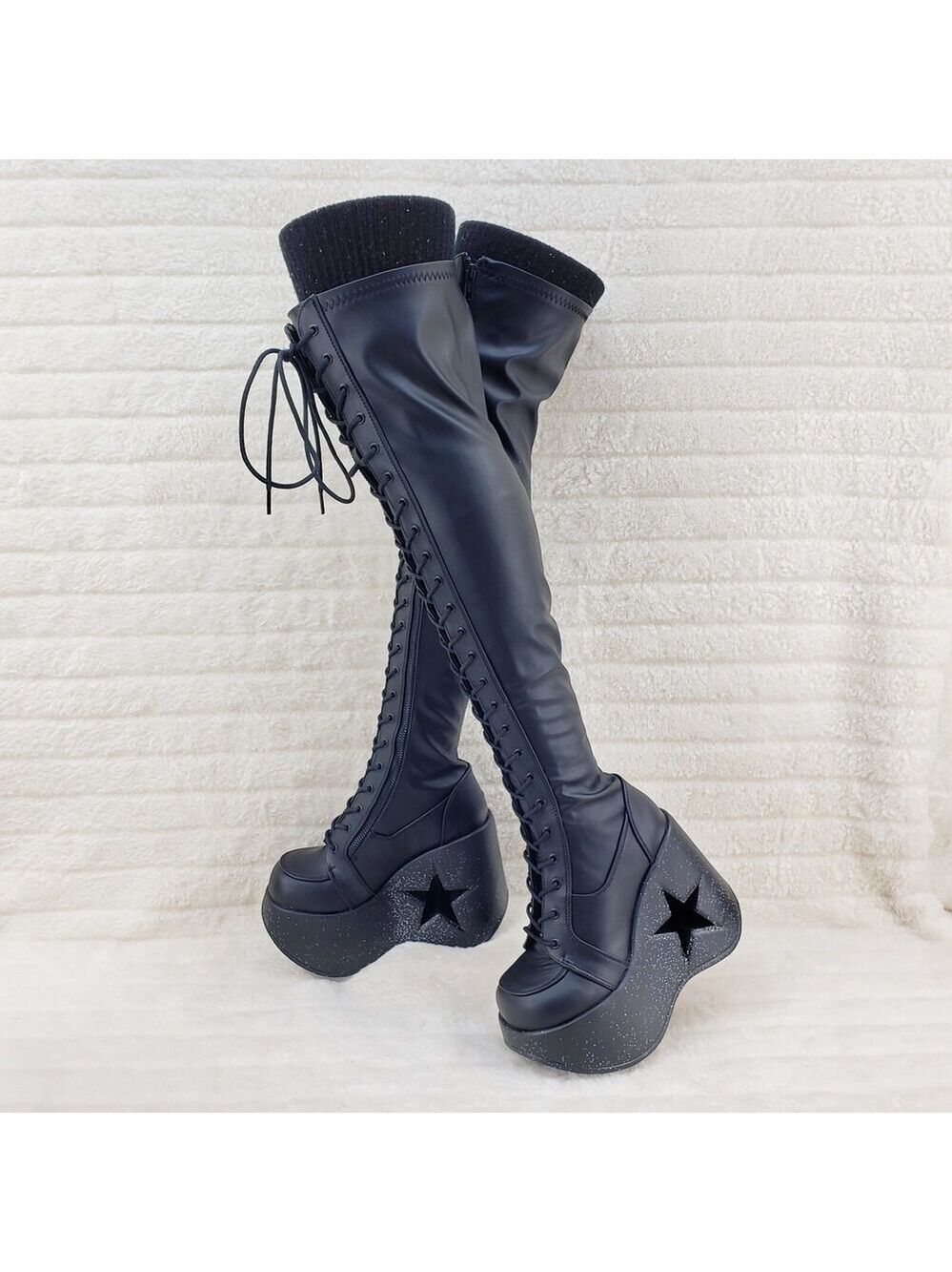NIB Dynamite 300 Platform 5" Star Heel Stretch Goth Punk Thigh Boots Black Matte